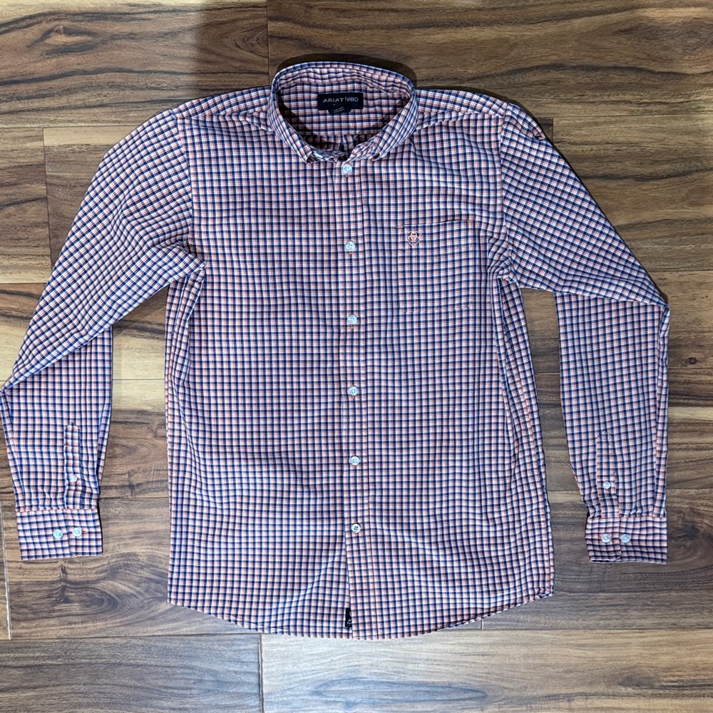 Ariat Kids Checkered Button Down Shirt - Navy and Orange